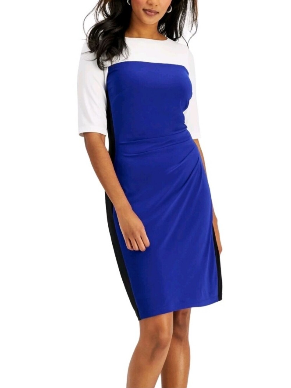 NWOT Kasper royal blue and white colorblock sheath dress Size Small Drape Detail